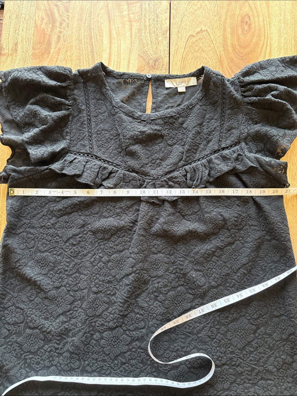 LOFT Black Lace Ruffle Yoke Blouse, Size L - Picture 3 of 6